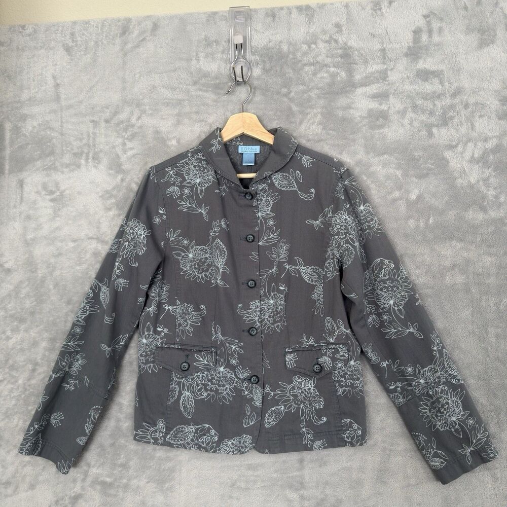 Sigrid Olsen Jacket Womens Large Blue Gray Floral Cotton Blazer Pockets